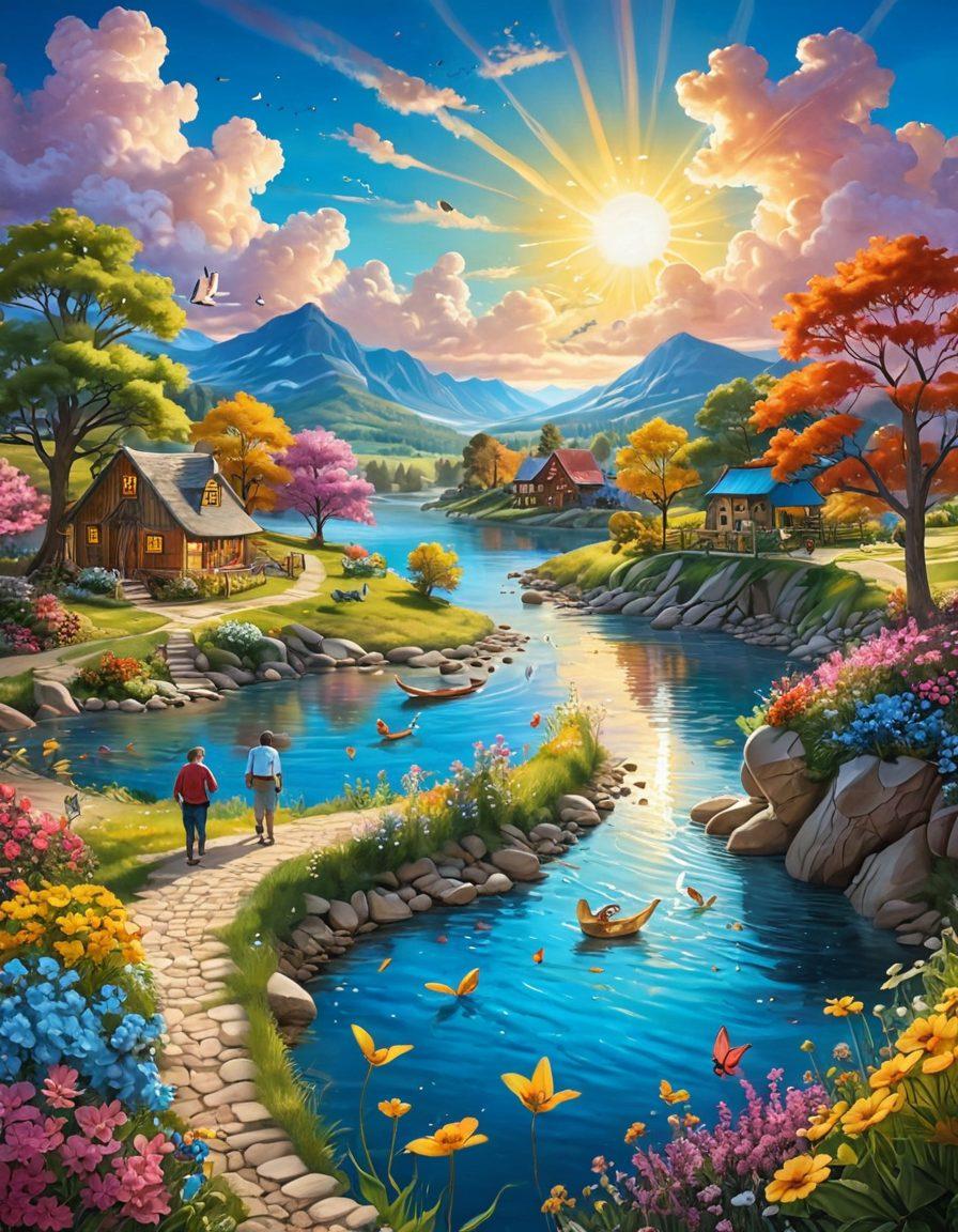 A whimsical, colorful landscape filled with blooming flowers, joyful people sharing stories, and a radiant sun casting golden light. Include elements like a sparkling river and playful animals to symbolize positivity and joy. Add a vibrant blue sky with fluffy clouds overhead. super-realistic. vibrant colors. 3D.