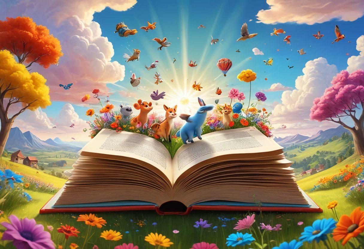 A whimsical illustration of an open book with colorful, animated characters bursting out, sharing joyful stories and laughter across a bright, sunny landscape. Include vibrant flowers, playful animals, and friendly clouds floating above, embodying positivity and cheer. The scene should evoke a sense of happiness and lightheartedness. 3D. vibrant colors. cartoon style.