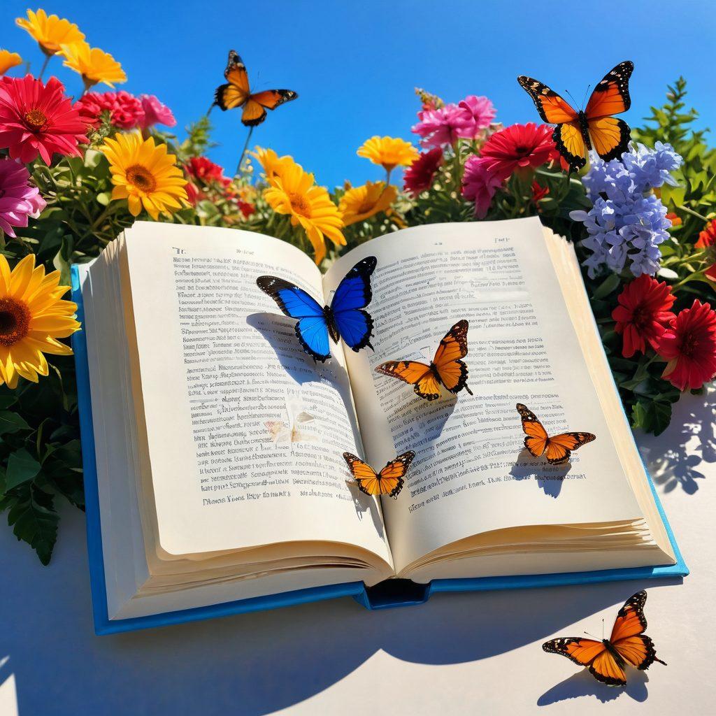 A sunlit open book with pages that flutter, surrounded by vibrant flowers and gentle butterflies, radiating warmth and positivity. In the background, a clear blue sky enhances the uplifting atmosphere, inviting a sense of hope and joy. The overall scene evokes feelings of serenity and inspiration. vibrant colors. super-realistic. warm tones.